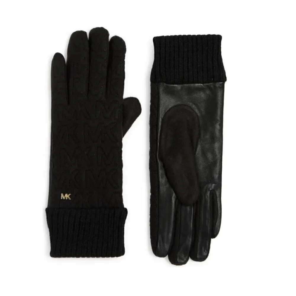 Michael Kors Logo Womens Black Quilted Knit Leather Trim Gloves Sz M New